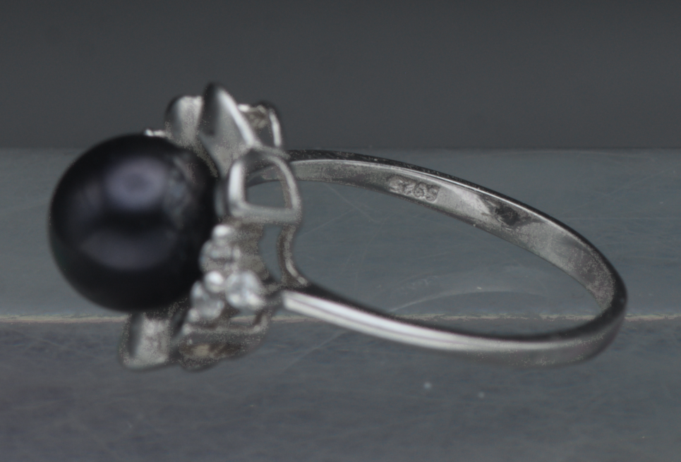 Vintage Sterling Silver Faux Black Pearl and CZ Ring - Size 6