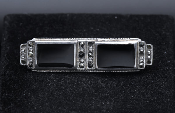 Vintage Sterling Silver, Black Onyx and Marcasite Bar Pin