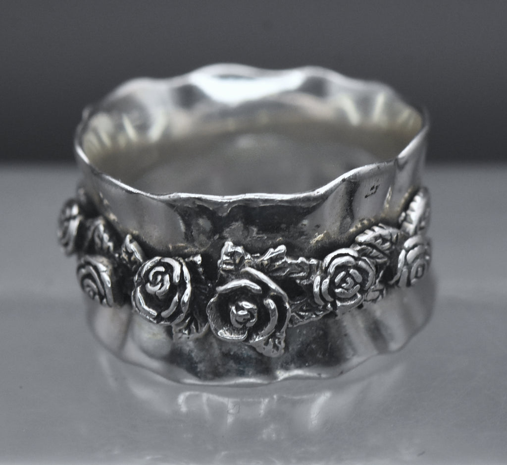 Vintage Sterling Silver Floral Bouquet Wide Band - Size 7.75