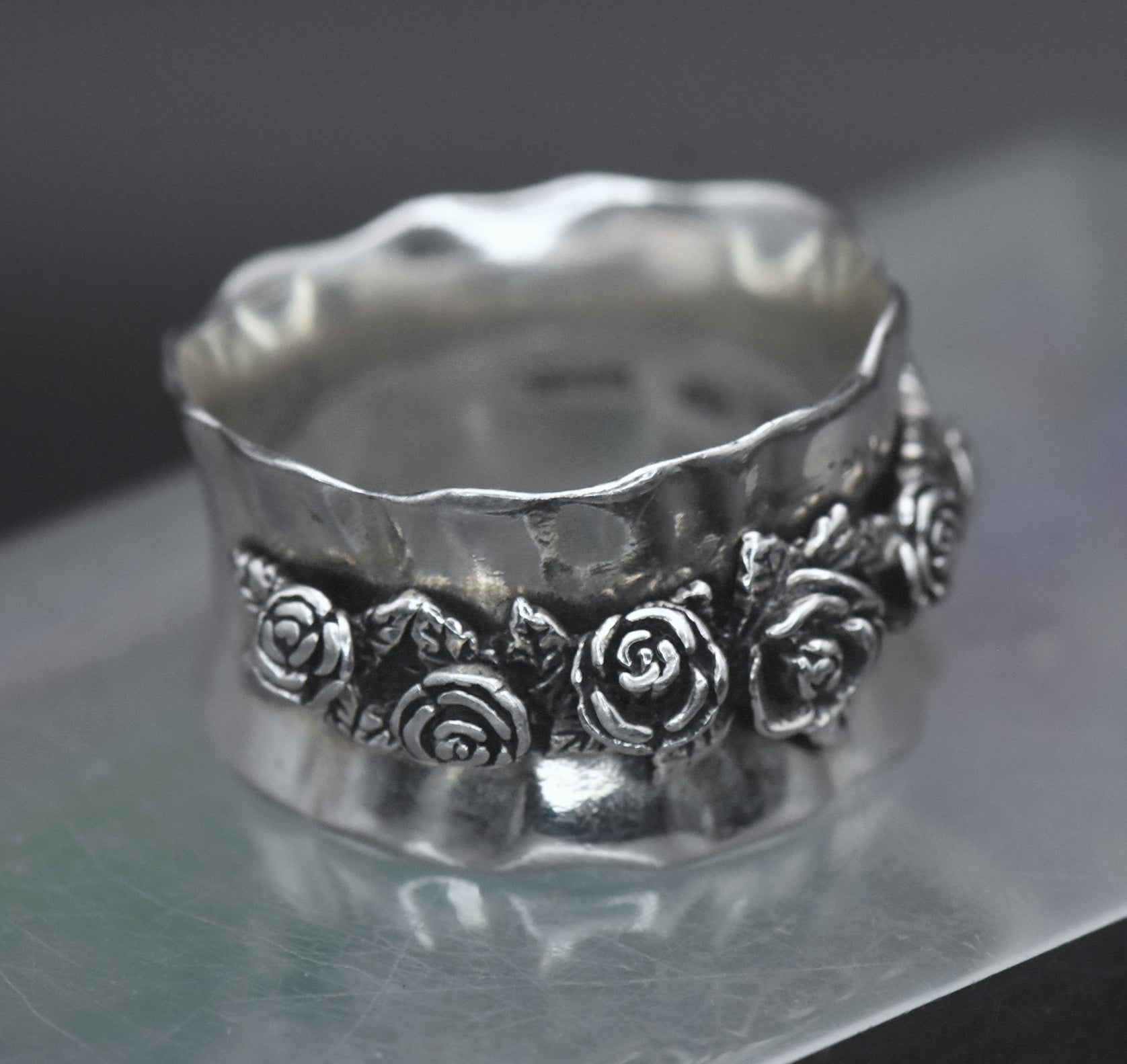 Vintage Sterling Silver Floral Bouquet Wide Band - Size 7.75