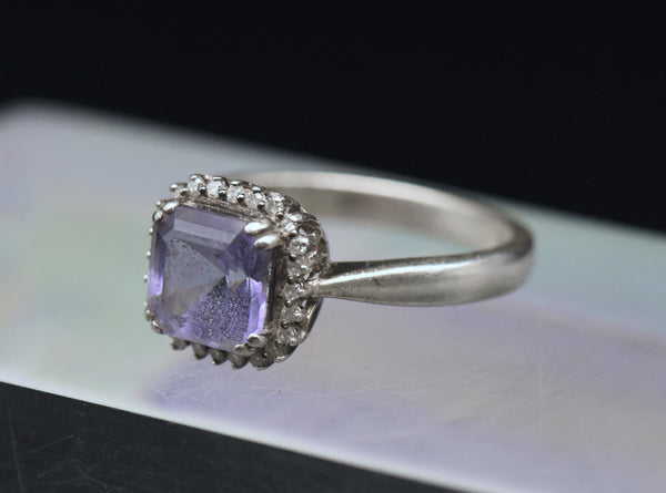 Vintage Amethyst and Diamonds Sterling Silver Halo Ring - Size 9