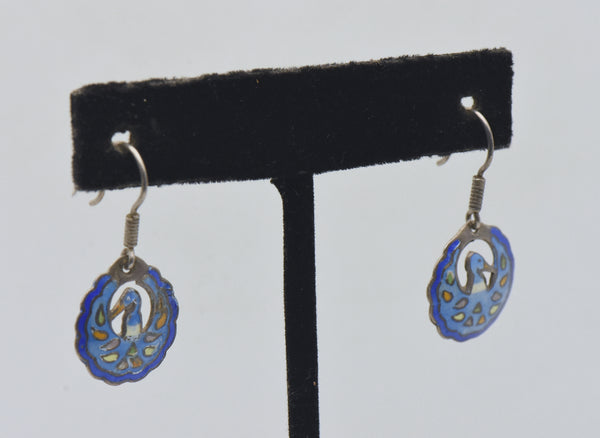 Vintage Sterling Silver Enameled Bird Motif Dangle Earrings