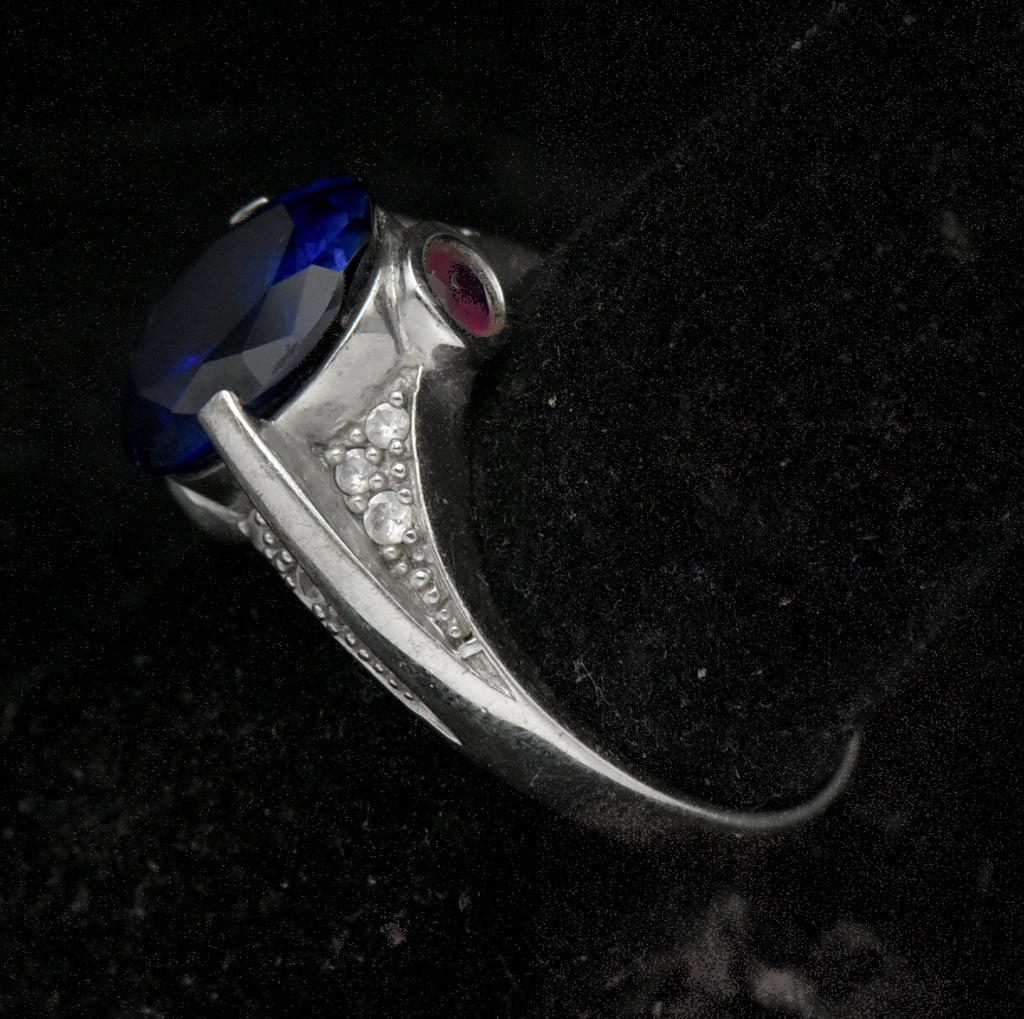 Vintage Synthetic Sapphire and Ruby with CZ Sterling Silver Ring - Size 8