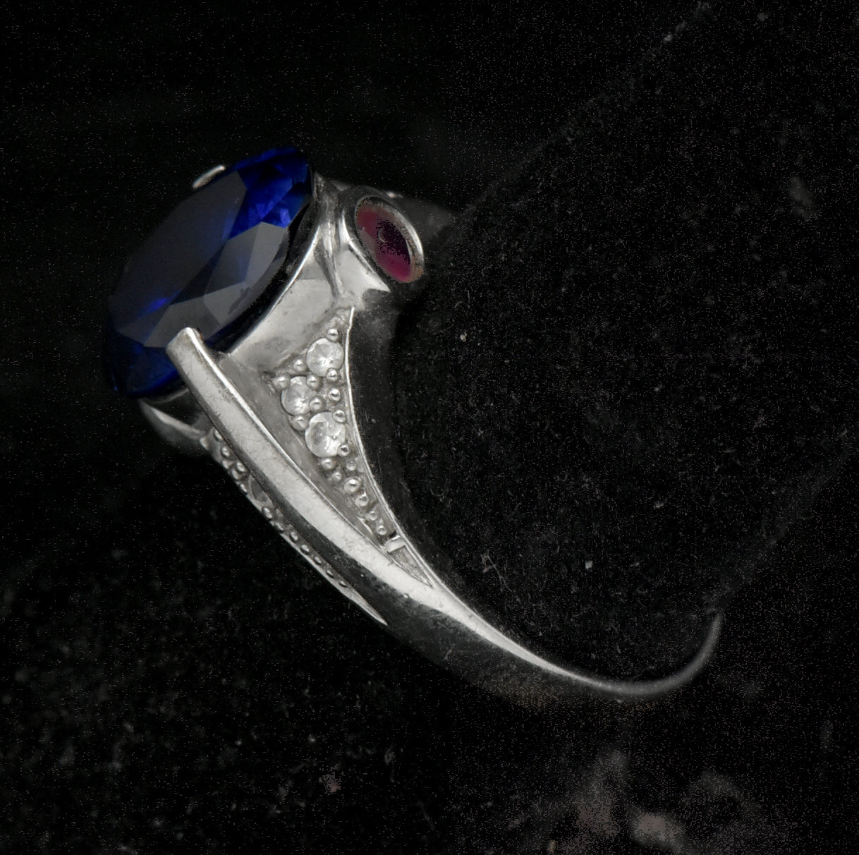 Vintage Synthetic Sapphire and Ruby with CZ Sterling Silver Ring - Size 8
