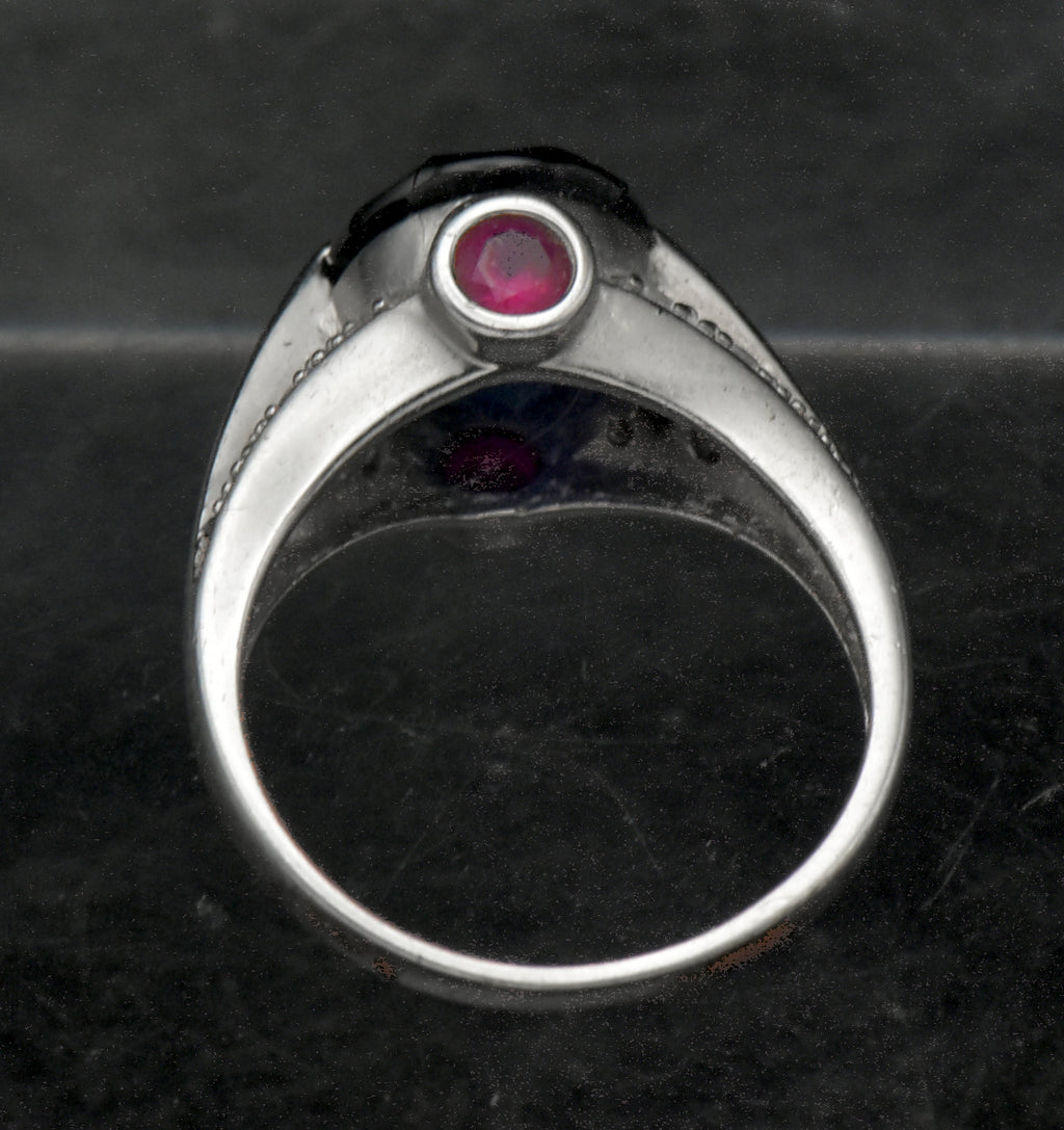 Vintage Synthetic Sapphire and Ruby with CZ Sterling Silver Ring - Size 8