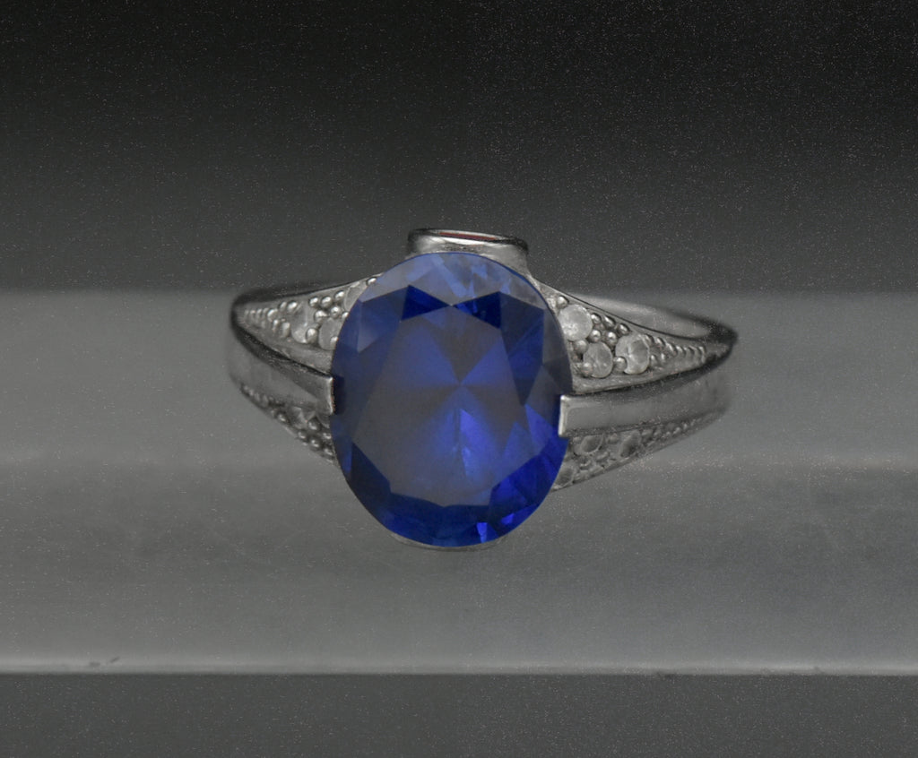Vintage Synthetic Sapphire and Ruby with CZ Sterling Silver Ring - Size 8