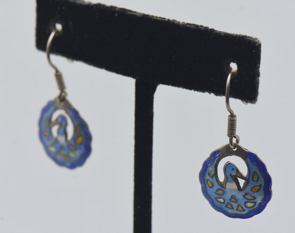 Vintage Sterling Silver Enameled Bird Motif Dangle Earrings