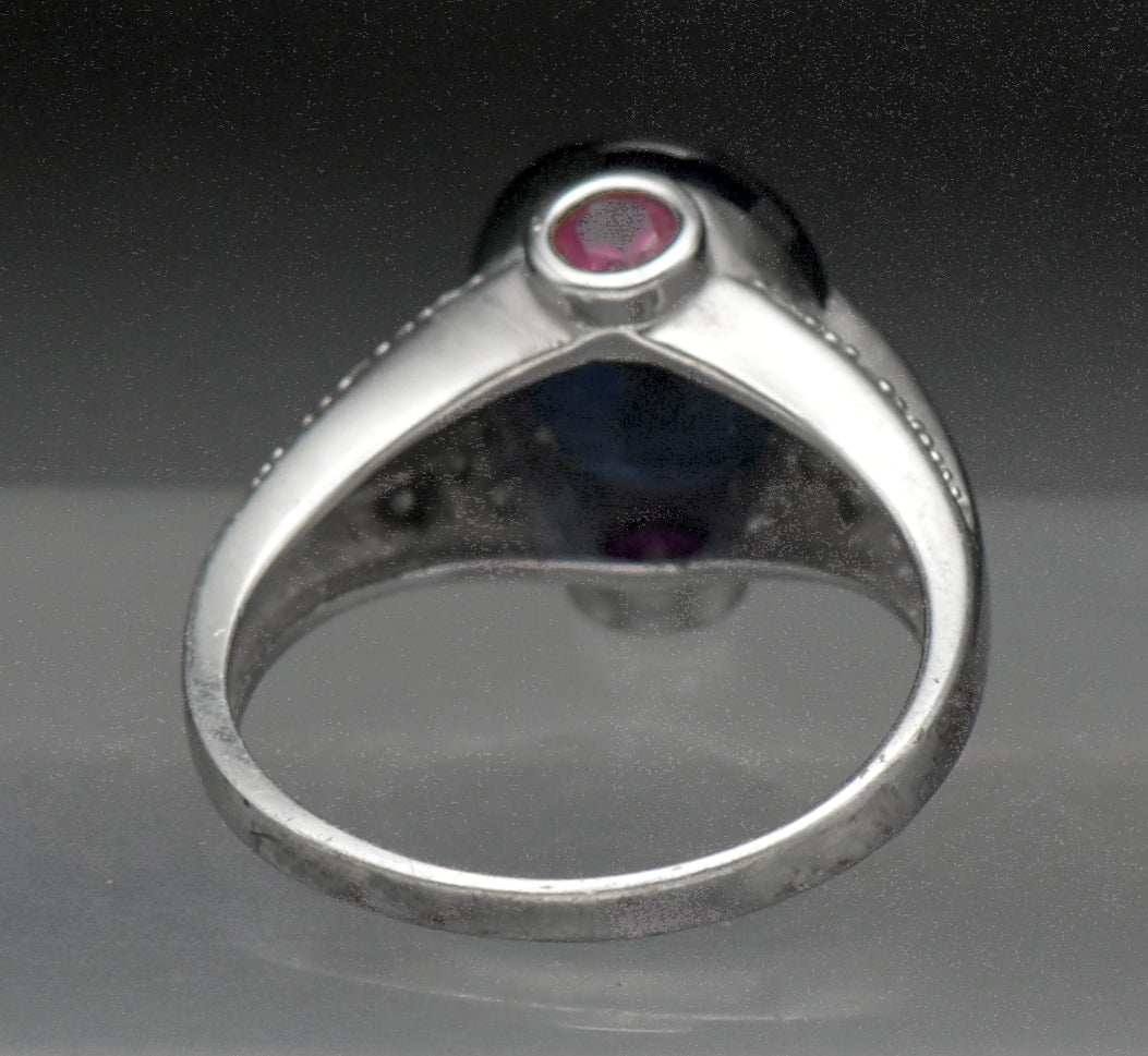 Vintage Synthetic Sapphire and Ruby with CZ Sterling Silver Ring - Size 8