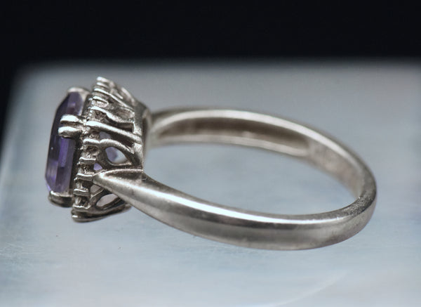 Vintage Amethyst and Diamonds Sterling Silver Halo Ring - Size 9