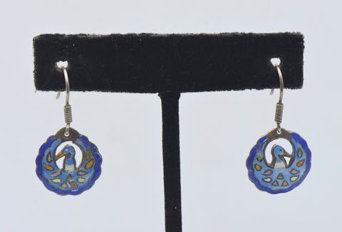 Vintage Sterling Silver Enameled Bird Motif Dangle Earrings