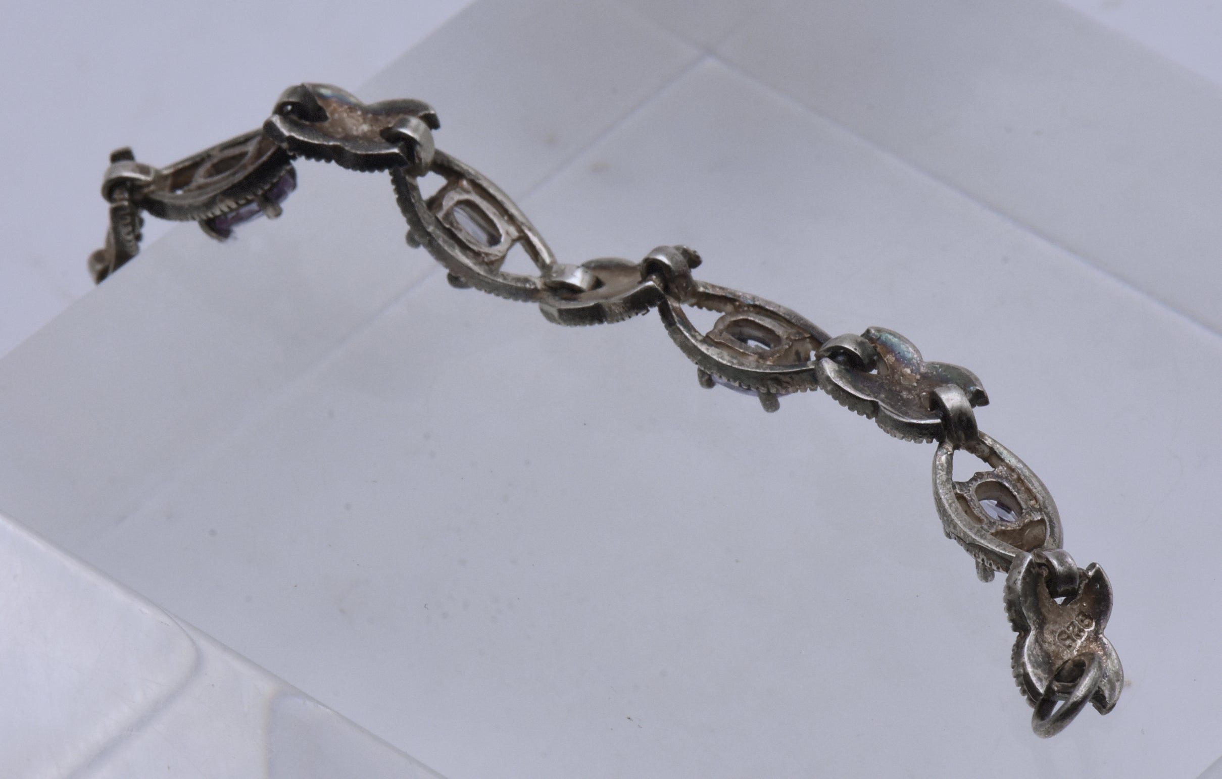 Vintage Sterling Silver Purple Cubic Zirconia and Marcasite Link Bracelet