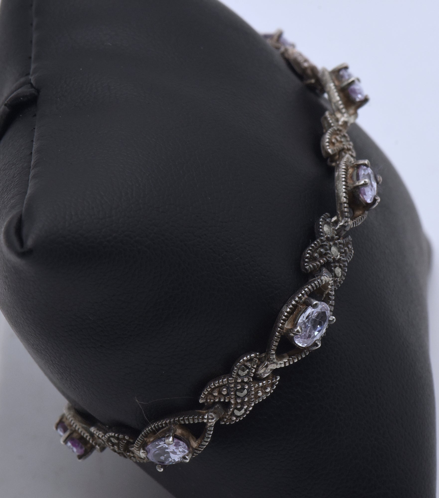 Vintage Sterling Silver Purple Cubic Zirconia and Marcasite Link Bracelet