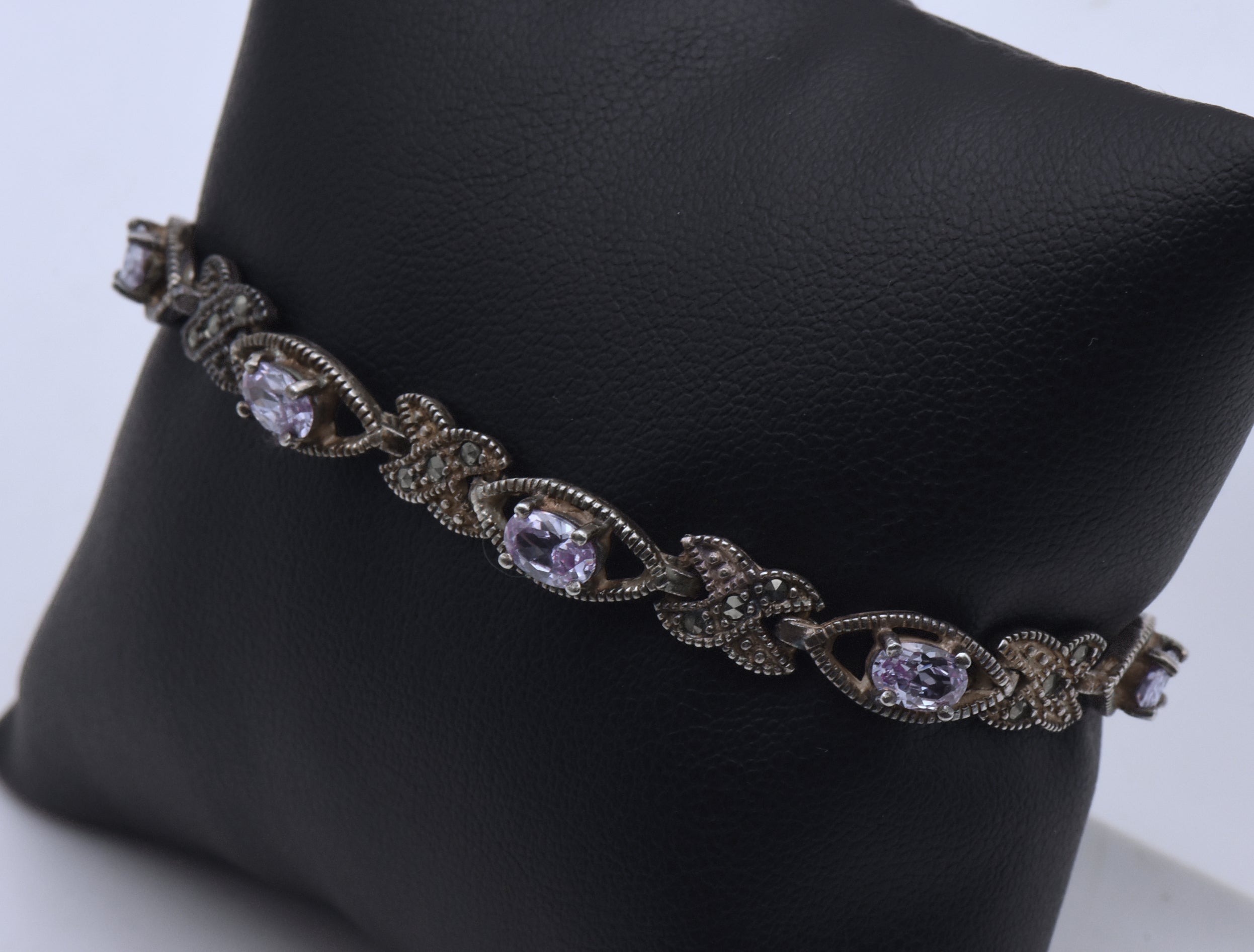 Vintage Sterling Silver Purple Cubic Zirconia and Marcasite Link Bracelet