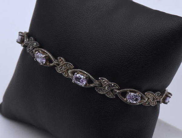 Vintage Sterling Silver Purple Cubic Zirconia and Marcasite Link Bracelet