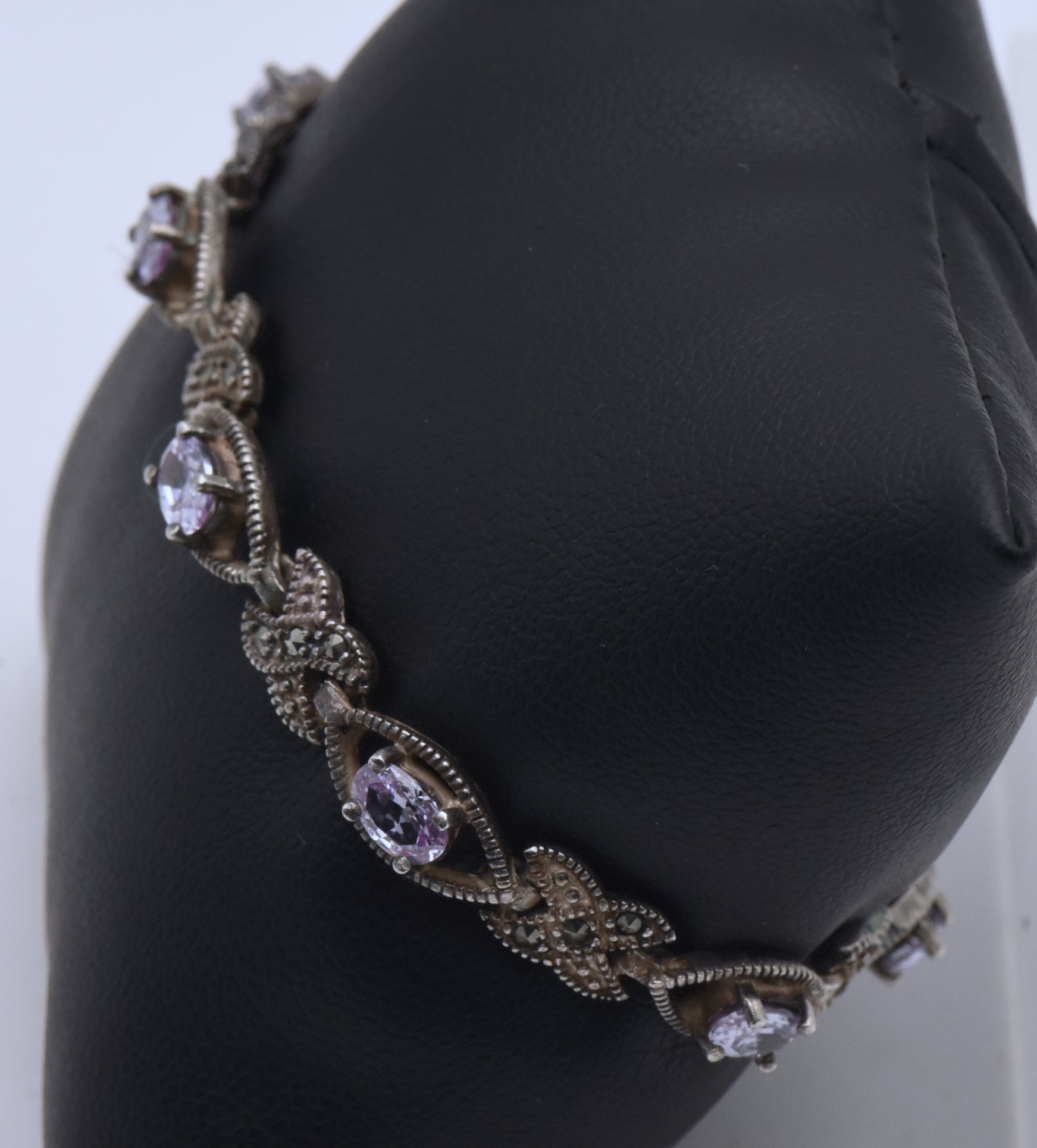 Vintage Sterling Silver Purple Cubic Zirconia and Marcasite Link Bracelet