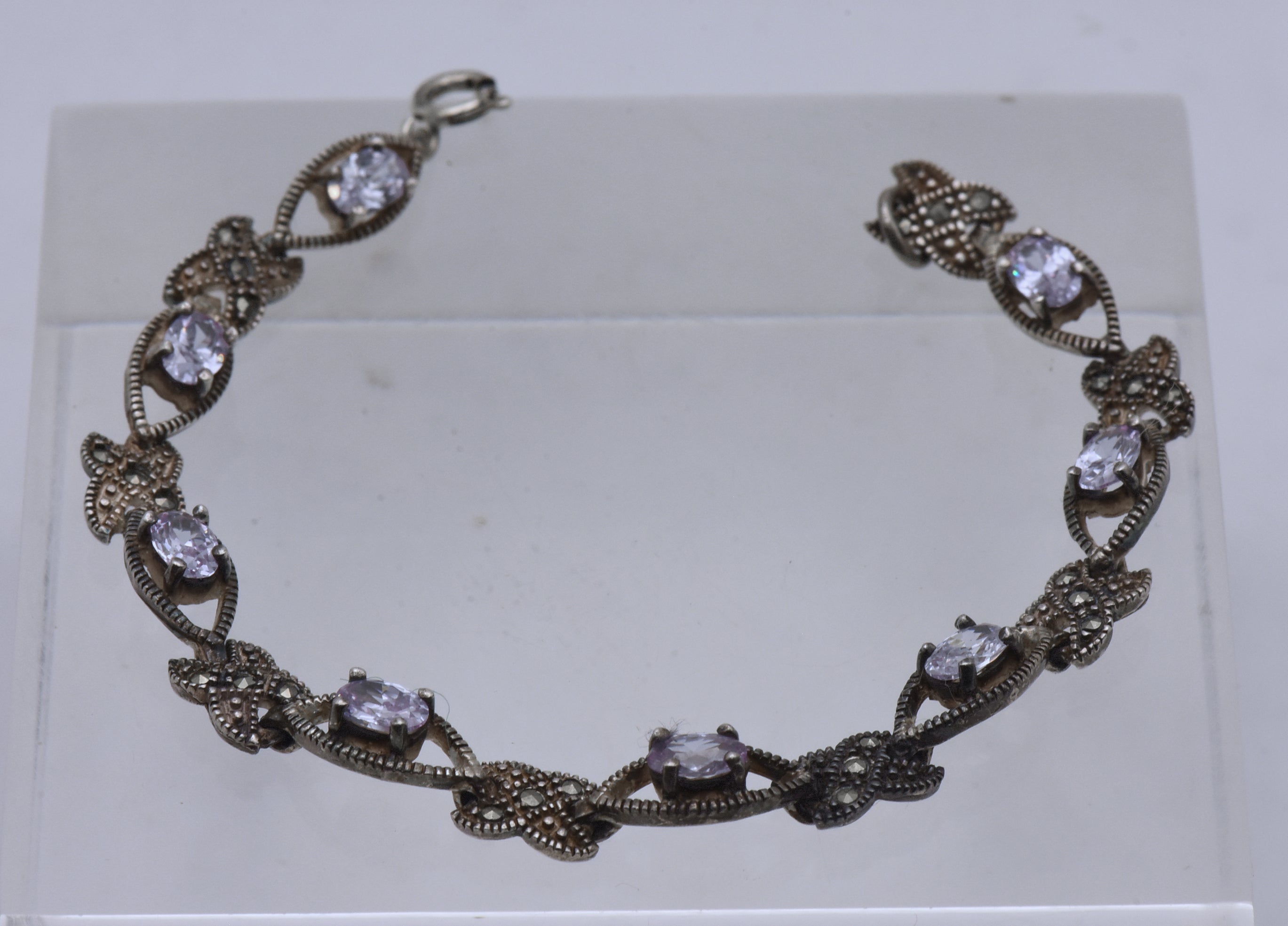 Vintage Sterling Silver Purple Cubic Zirconia and Marcasite Link Bracelet