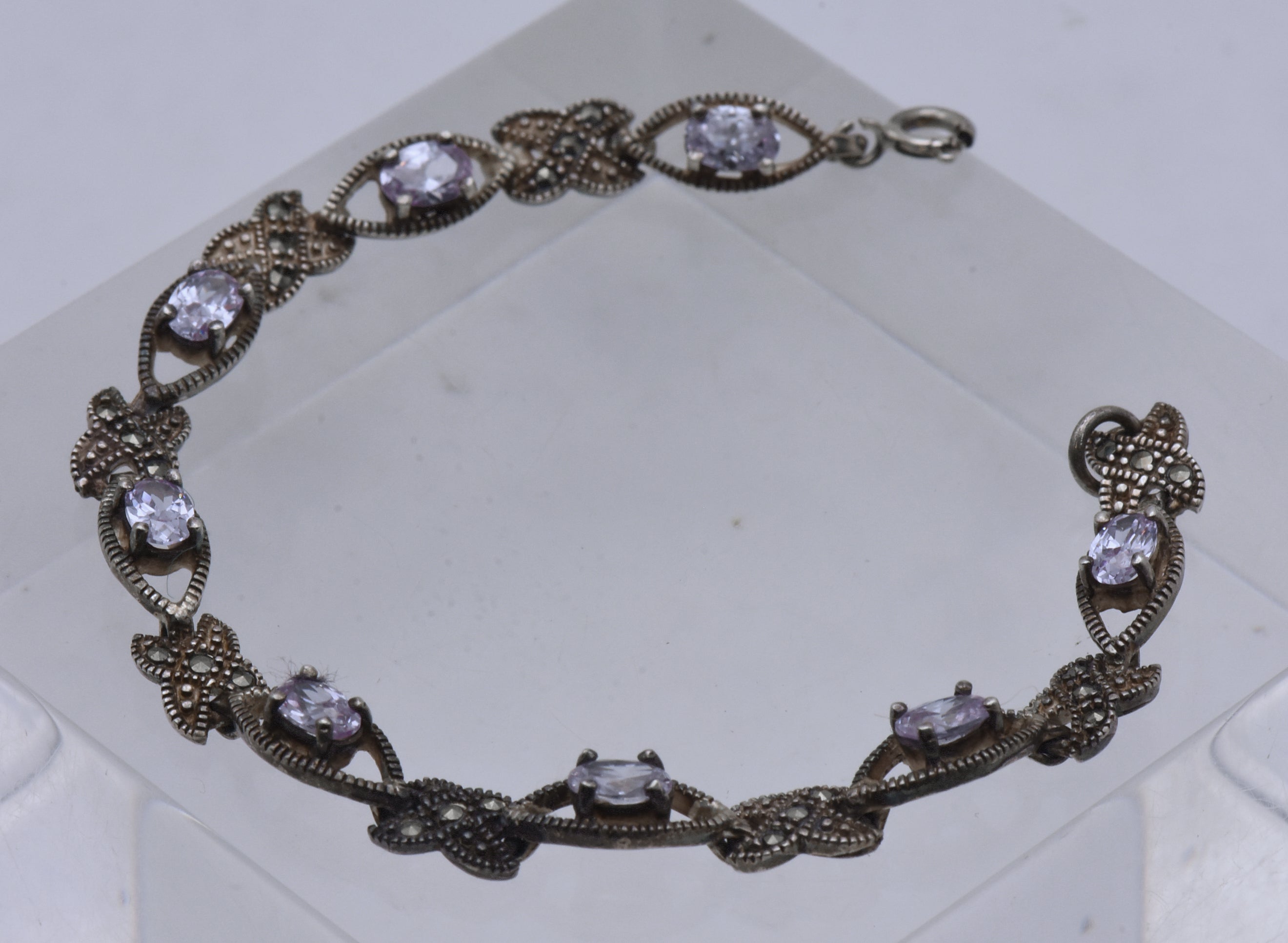 Vintage Sterling Silver Purple Cubic Zirconia and Marcasite Link Bracelet