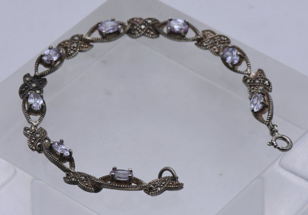 Vintage Sterling Silver Purple Cubic Zirconia and Marcasite Link Bracelet