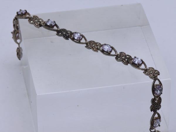 Vintage Sterling Silver Purple Cubic Zirconia and Marcasite Link Bracelet