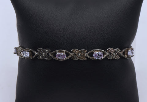 Vintage Sterling Silver Purple Cubic Zirconia and Marcasite Link Bracelet