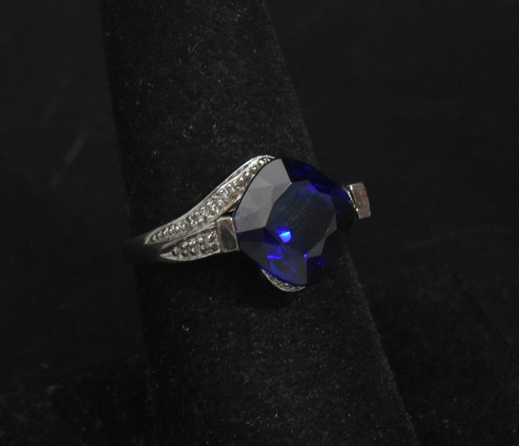 Vintage Sterling Silver Synthetic Sapphire and Diamonds Ring - Size 7.25