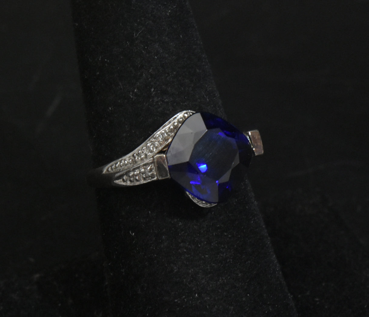Vintage Sterling Silver Synthetic Sapphire and Diamonds Ring - Size 7.25