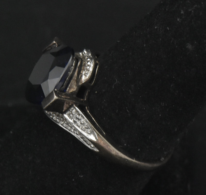 Vintage Sterling Silver Synthetic Sapphire and Diamonds Ring - Size 7.25