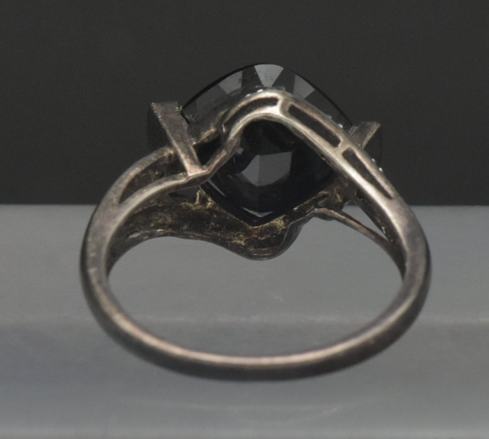 Vintage Sterling Silver Synthetic Sapphire and Diamonds Ring - Size 7.25