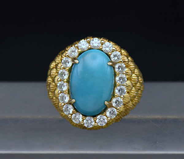 Vintage Turquoise and Rhinestones Gold Tone Sterling Silver Ring - Size 5