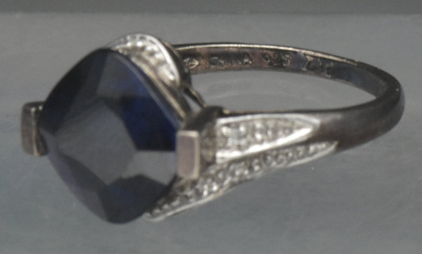 Vintage Sterling Silver Synthetic Sapphire and Diamonds Ring - Size 7.25