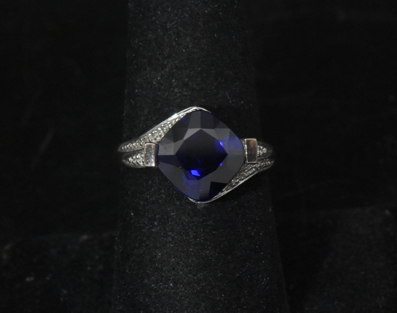 Vintage Sterling Silver Synthetic Sapphire and Diamonds Ring - Size 7.25