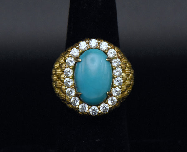 Vintage Turquoise and Rhinestones Gold Tone Sterling Silver Ring - Size 5