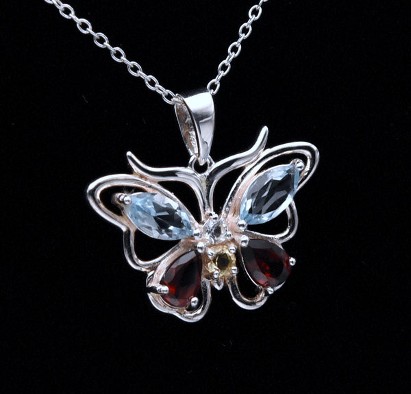 Vintage Gemstone Butterfly Sterling Silver Pendant on Sterling Silver Chain  Necklace - 18"