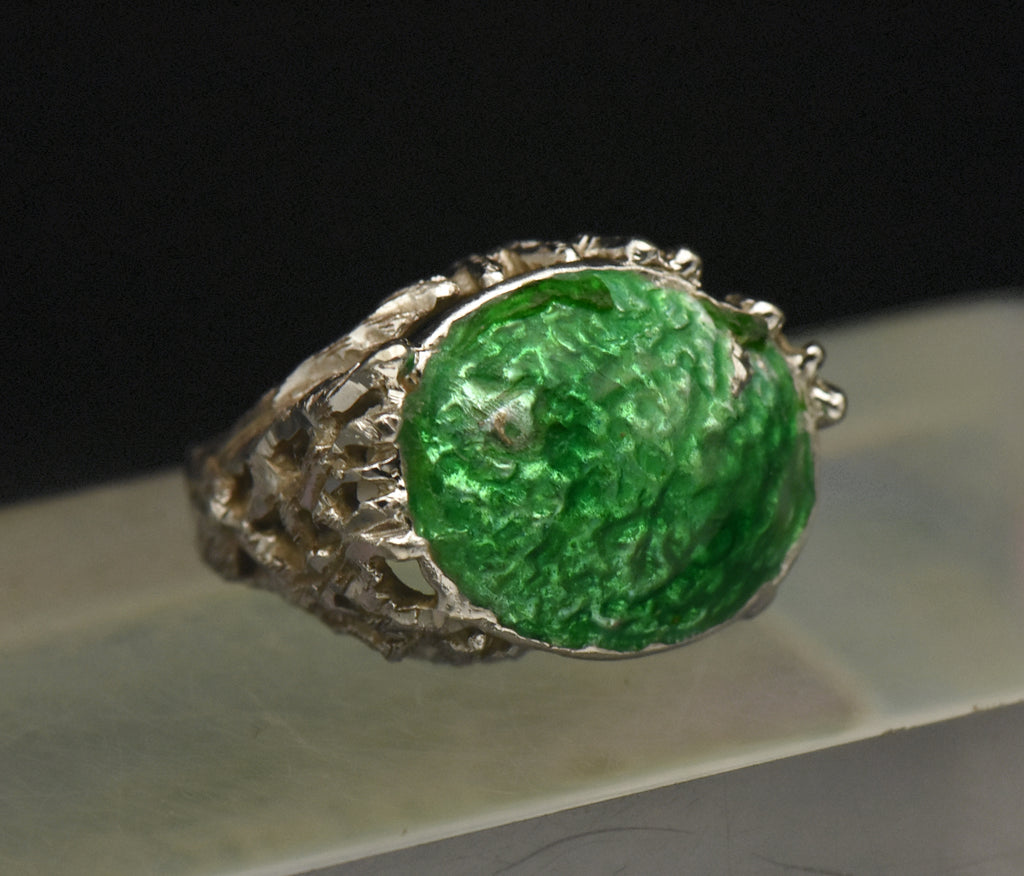 Vintage Brutalist Sterling Silver and Enamel Ring - Size 6.5