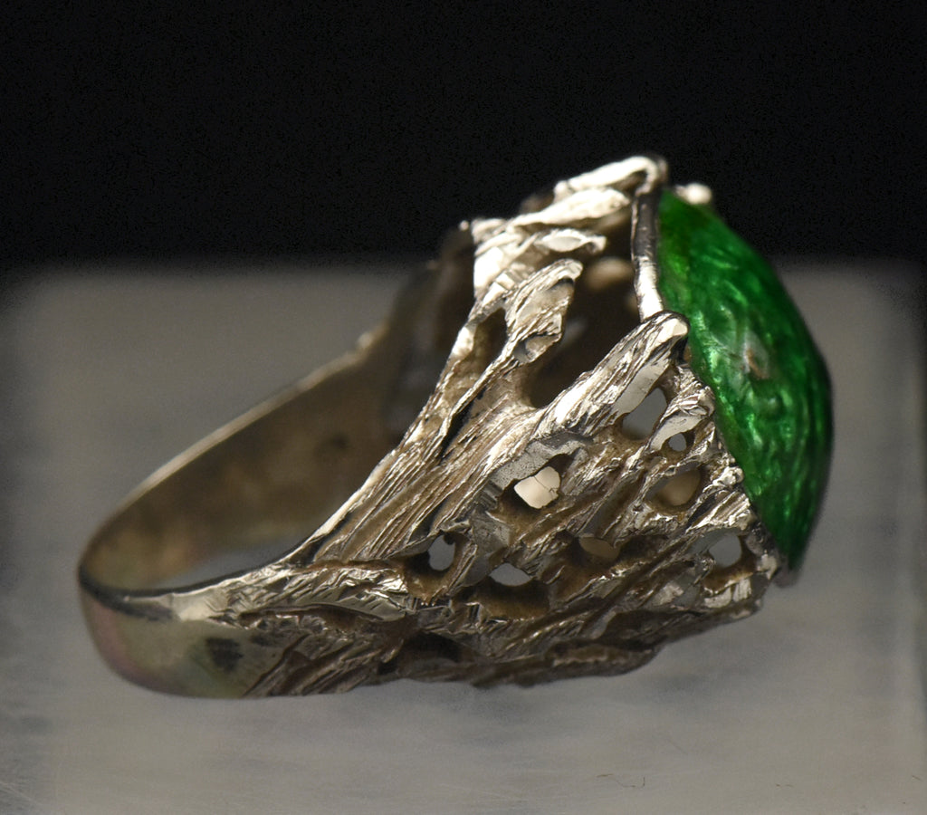 Vintage Brutalist Sterling Silver and Enamel Ring - Size 6.5