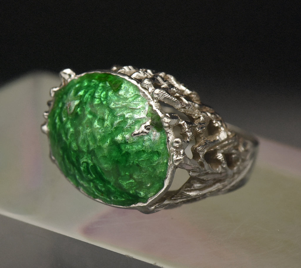 Vintage Brutalist Sterling Silver and Enamel Ring - Size 6.5