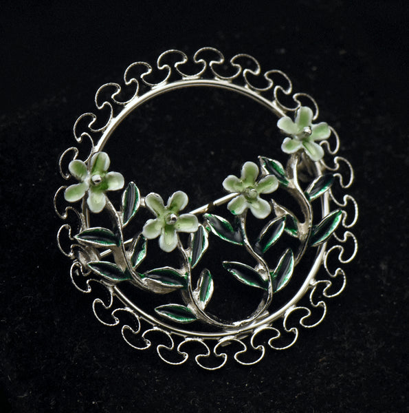 Beau - Vintage Sterling Silver and Enamel Floral Brooch