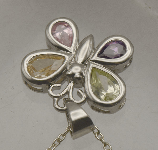 Vintage Sterling Silver Multi-Color Crystal Butterfly Pendant on Sterling Silver Chain Necklace - 16"