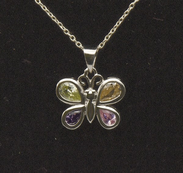 Vintage Sterling Silver Multi-Color Crystal Butterfly Pendant on Sterling Silver Chain Necklace - 16"