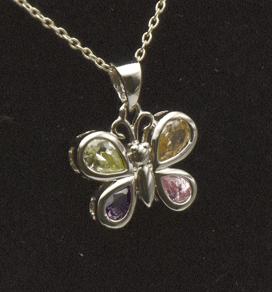 Vintage Sterling Silver Multi-Color Crystal Butterfly Pendant on Sterling Silver Chain Necklace - 16"