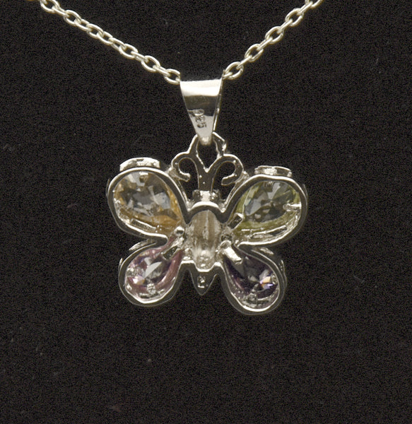 Vintage Sterling Silver Multi-Color Crystal Butterfly Pendant on Sterling Silver Chain Necklace - 16"