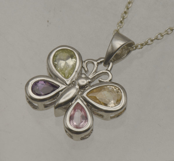 Vintage Sterling Silver Multi-Color Crystal Butterfly Pendant on Sterling Silver Chain Necklace - 16"