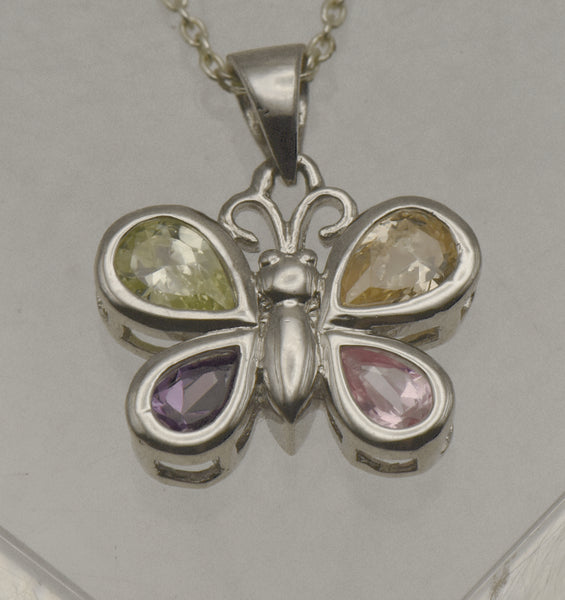 Vintage Sterling Silver Multi-Color Crystal Butterfly Pendant on Sterling Silver Chain Necklace - 16"