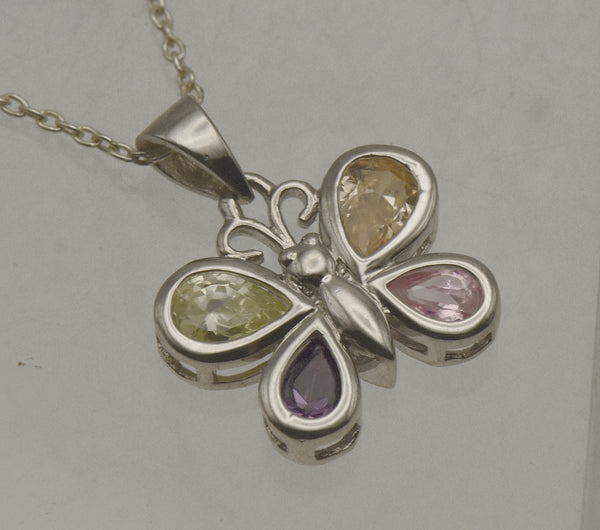 Vintage Sterling Silver Multi-Color Crystal Butterfly Pendant on Sterling Silver Chain Necklace - 16"