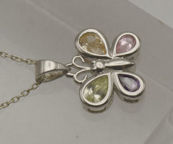 Vintage Sterling Silver Multi-Color Crystal Butterfly Pendant on Sterling Silver Chain Necklace - 16"