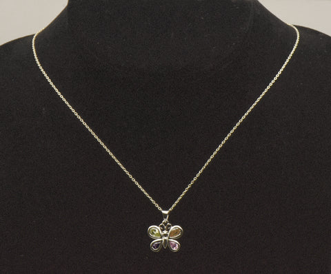 Vintage Sterling Silver Multi-Color Crystal Butterfly Pendant on Sterling Silver Chain Necklace - 16"