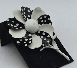 Vintage White and Black Polka Dot Painted Metal Flower Brooch