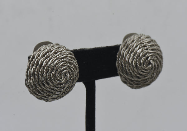 Vintage Silver Tone Basket Weave Clip On Earrings