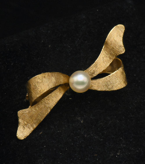 Vintage Handmade 14K Gold and Cultured Pearl Bow Brooch
