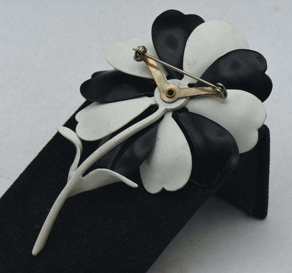 Vintage White and Black Polka Dot Painted Metal Flower Brooch